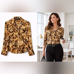 Jones New York PL Leopard Print Blouse Button Front Office Career Top